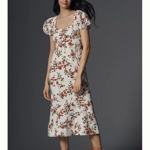 Anthropologie Cream and Red Floral Midi Dress